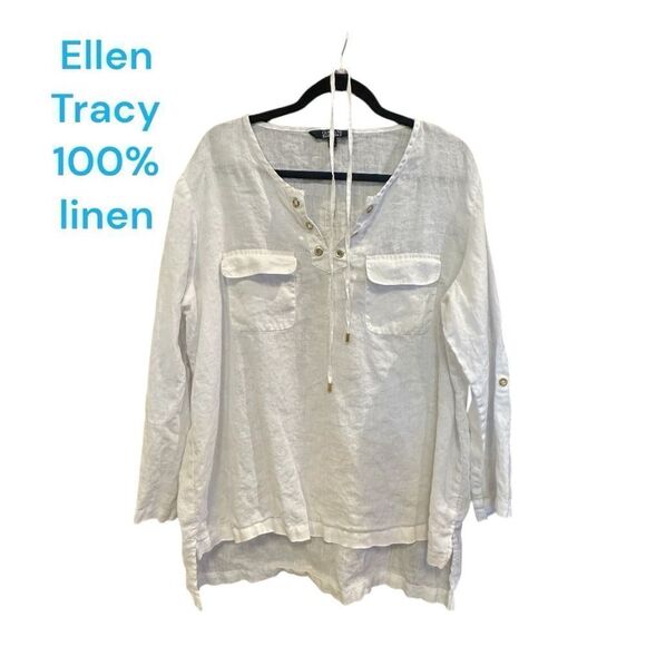 Ellen Tracy Company lace up front Chalk White Linen tunic SHIRT - Picture 4 of 12